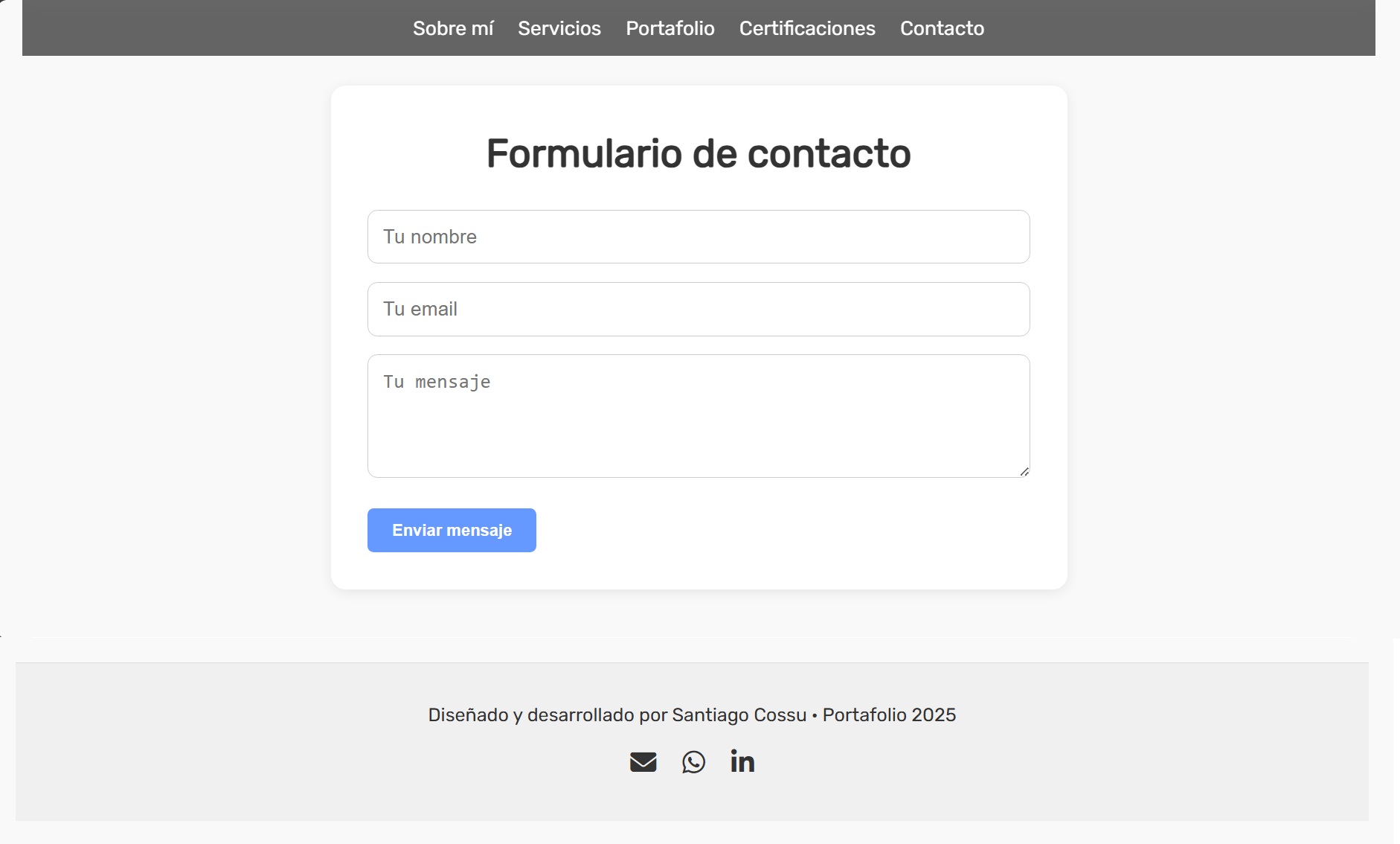Formulario de contacto en el sitio web de Santiago